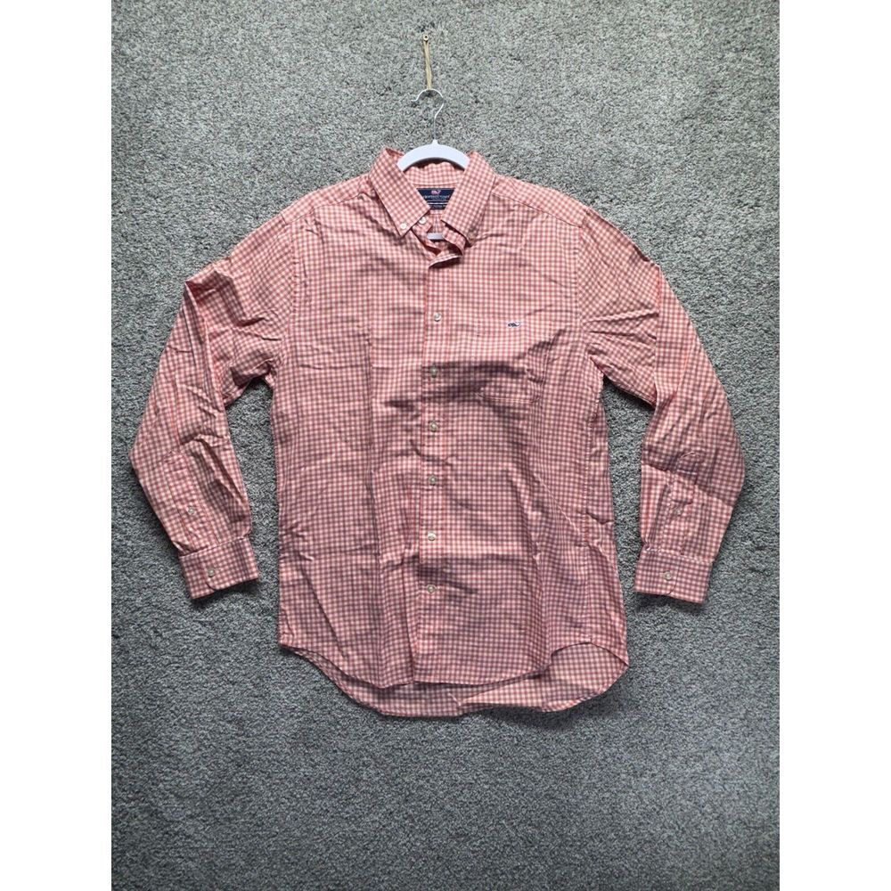 Vineyard Vines Whale Shirt Mens Medium Orange Gingham Plaid Long Sleeve Slim Fit